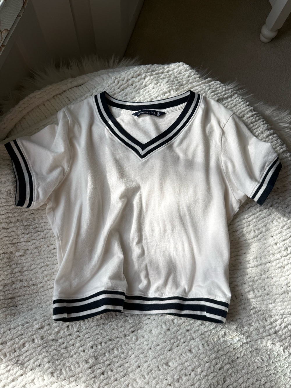 White V-Neck Striped Trim Top - Abercrombie